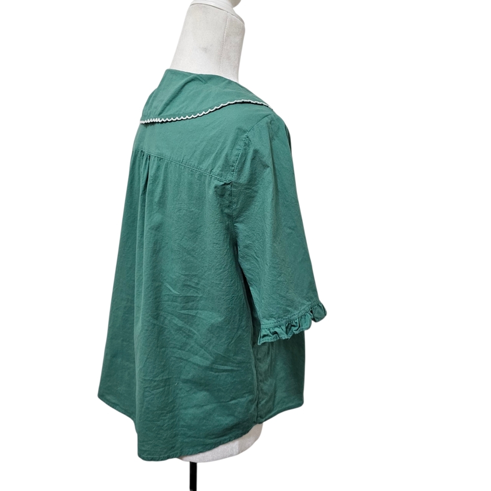 Vintage Green Blouse Short Sleeve Lightweight Romantic Peter Pan Collar - Picture 9 of 13
